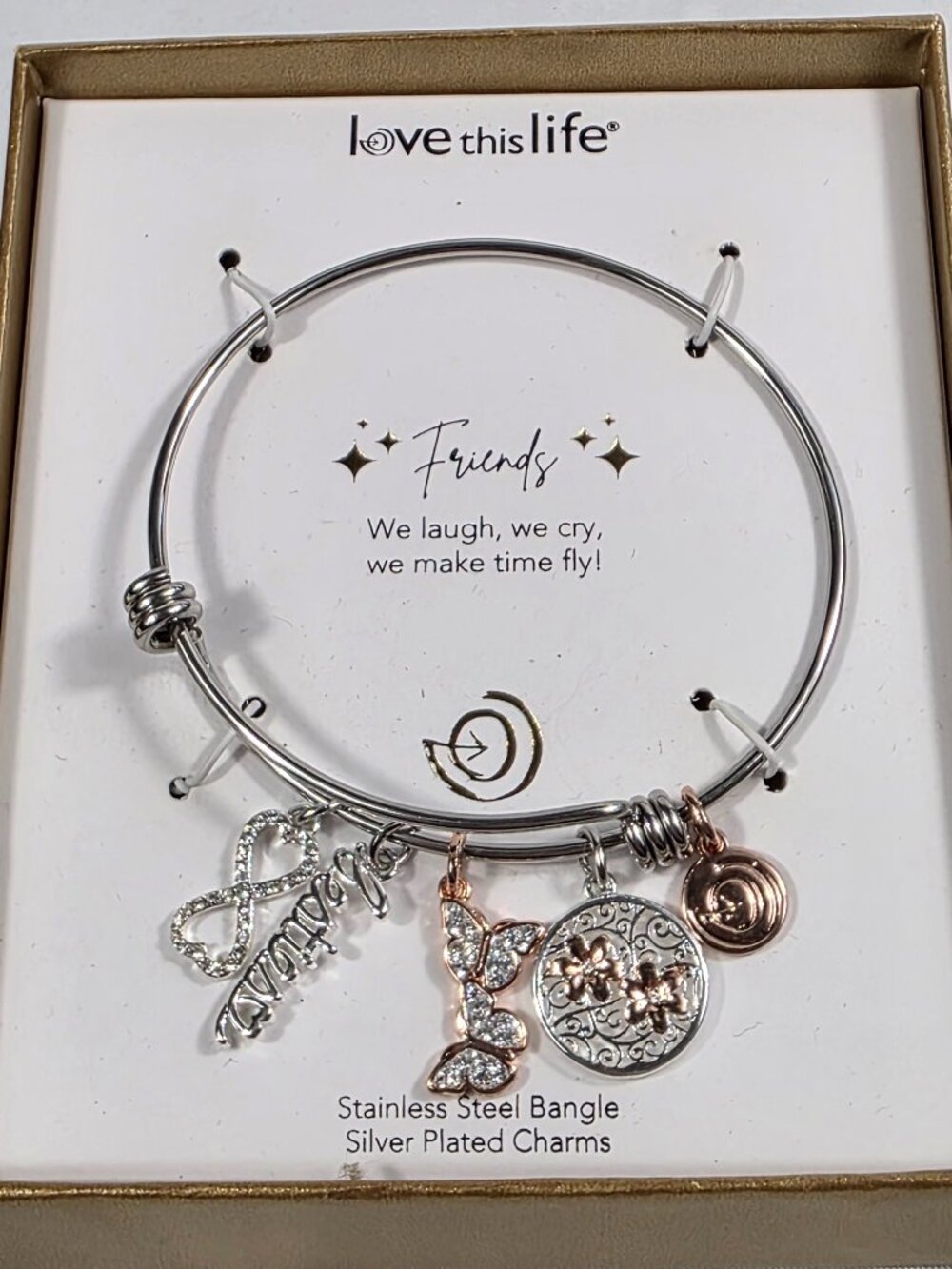 Love This Life Stainless Steel "FRIENDS" Bangle Bracelet Silver Plated Charm